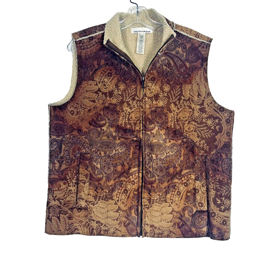 Jones New York Sport Vest Womens Large Brown Faux Leather Paisley Zip Boho Arty